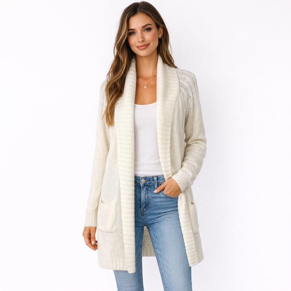 Gap Ivory Cable Knit Long Sweater Open Cardigan Shawl Collar Duster With Pockets